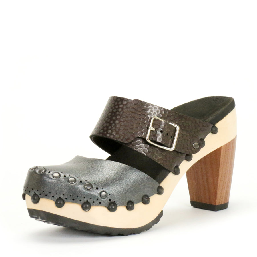 High Heel Closed Toe Mule in Slate and Espresso