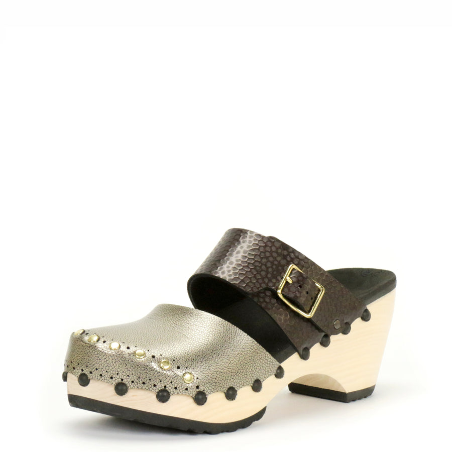 Tall Clog Closed Toe Mule in Gold and Espresso